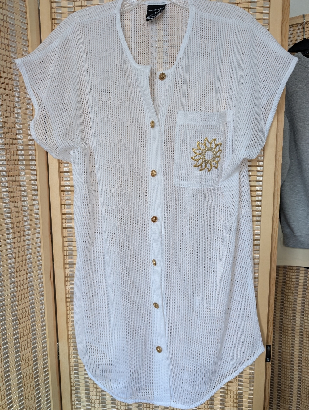 Made Inc., White Mesh Button-Front Cover-Up with Gold Embroidered Pocket